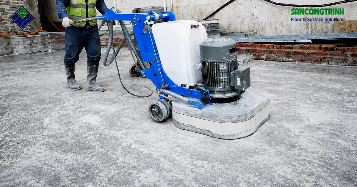Kỹ thuật viên sử dụng máy mài công nghiệp để đánh bóng sàn bê tông tại công trình ở Hải Phòng