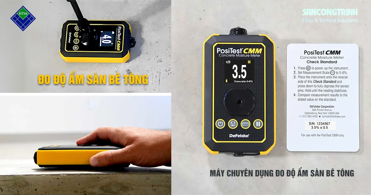 Kỹ thuật viên sử dụng máy đo độ ẩm sàn bê tông trước khi thi công sơn epoxy