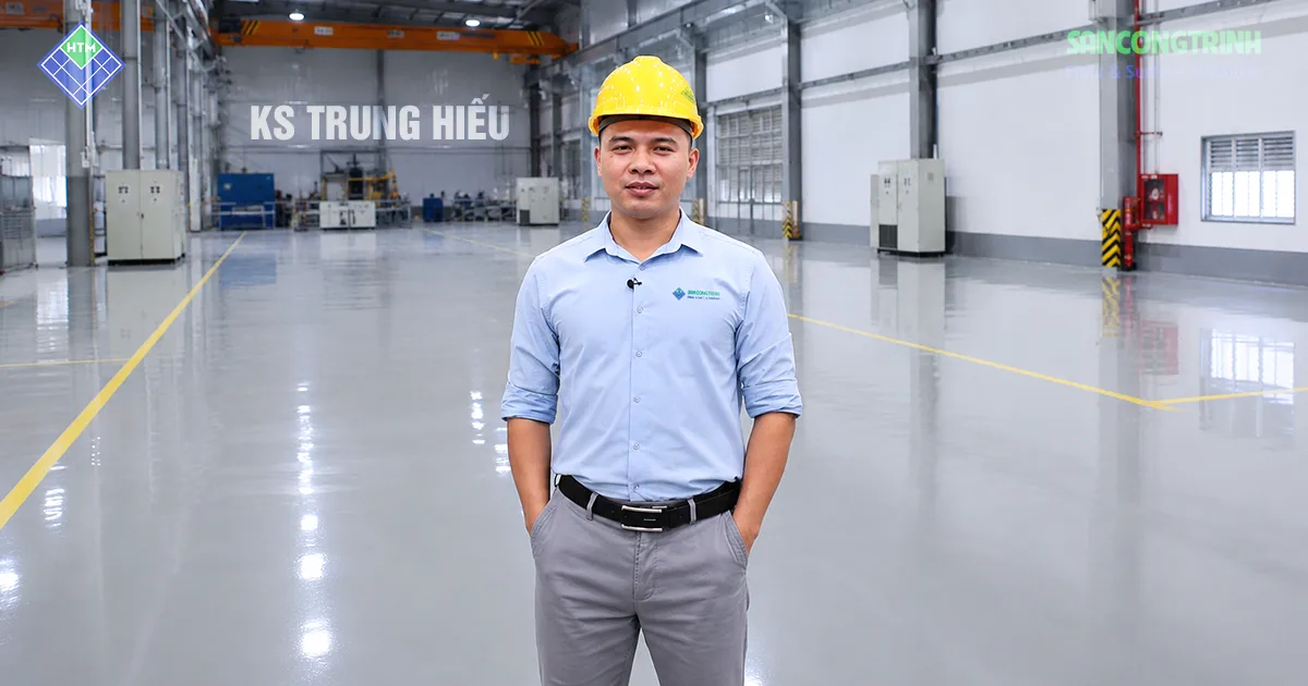 KS Trung Hiếu, chuyên gia sơn sàn epoxy, đứng trong nhà xưởng công nghiệp với hệ sàn epoxy hoàn thiện