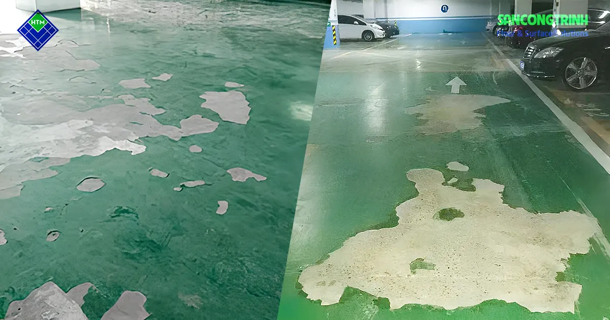 Sàn epoxy bị bong tróc diện rộng làm lộ bề mặt bê tông tại khu vực nhà xe
