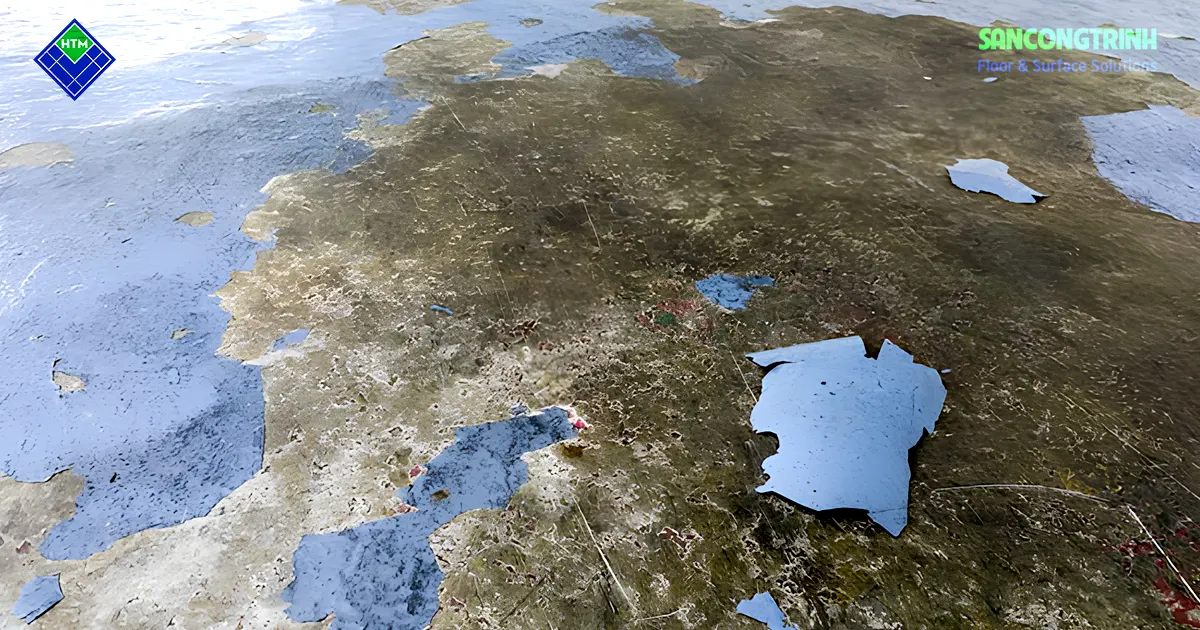 Sàn epoxy bong tróc diện rộng làm lộ nền bê tông bên dưới sau khi lớp phủ mất liên kết bám dính