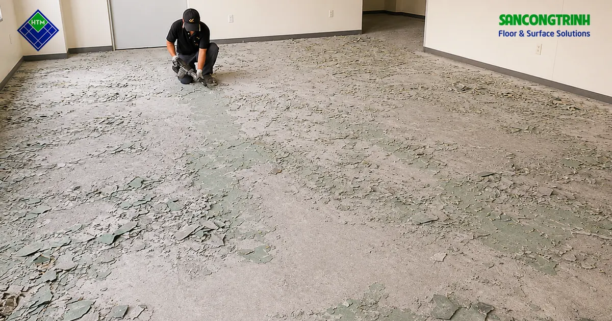 Sàn epoxy bong tróc diện rộng đang được xử lý trước khi thi công lại tại Hải Phòng
