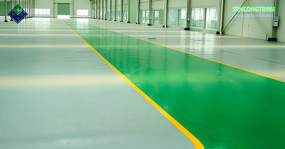 Sàn epoxy hoàn thiện trong nhà xưởng công nghiệp với các vạch phân làn giao thông