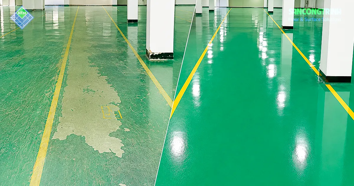 So sánh sàn epoxy bị bong tróc trước và sau khi sơn lại trong khu vực nhà xưởng