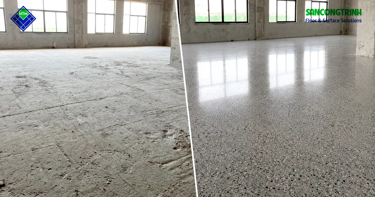 So sánh sàn bê tông trước và sau khi mài đánh bóng hoàn thiện tại công trình ở Hải Phòng